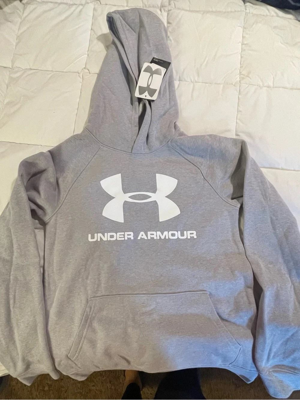 Under Armour big boys  Light Gray Hoodie with White Logo